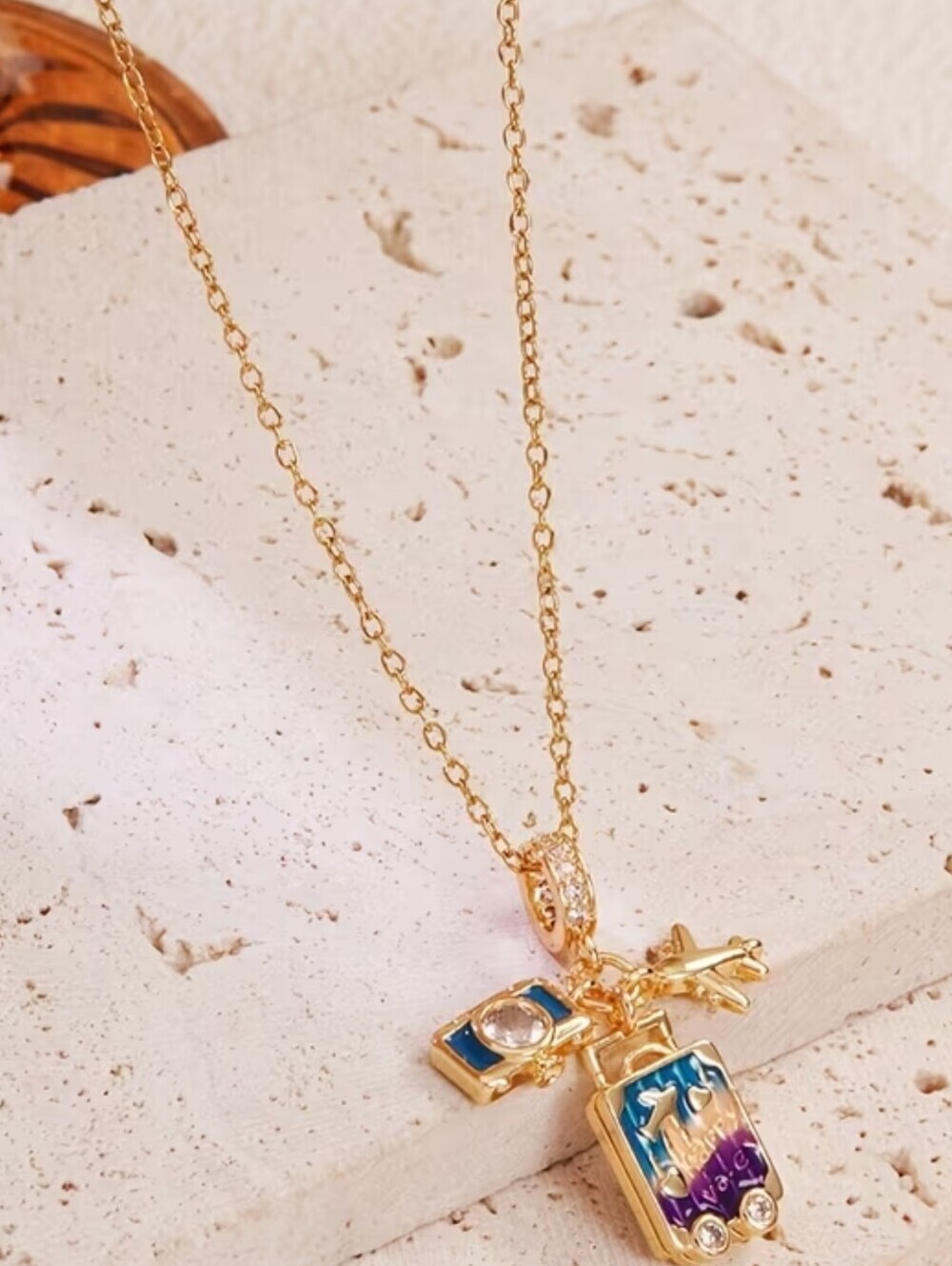 Travel Suitcase Charm Necklace Gold Airplane Passport Vacation Pendant Gift - Picture 7 of 14
